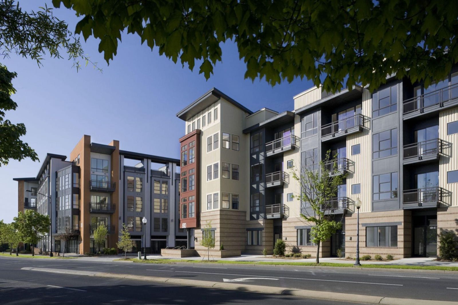 Mixed-use building with Hardie Panel vertical siding