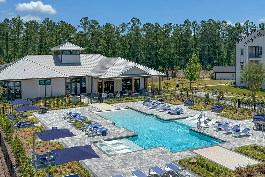 Aerial view of the NOVO New Hampstead pool and clubhouse