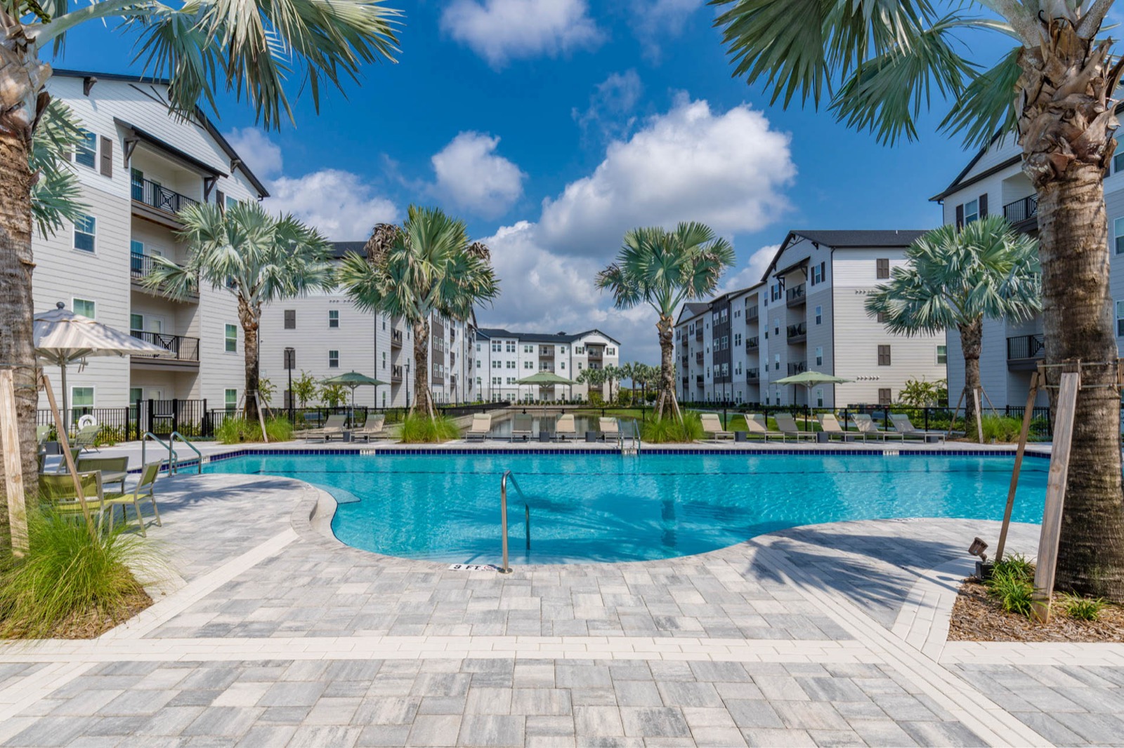 The Avery buildings around the pool courtyard